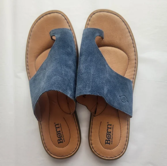 Born Sandals Size 10 Blue Suede Leather Toe Flat Slip On Comfortable Walking - Picture 8 of 9